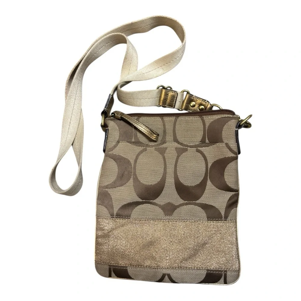 COACH Signature Canvas beige gold Crossbody Purse Satchel Bag Size Small
